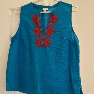 J Crew linen top with coral embroidery
